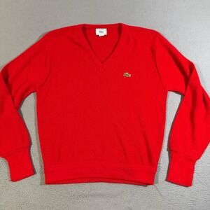 Vintage Izod‎ Lacoste Red V Neck Sweater Men's Size Medium Orlon Acrylic Logo